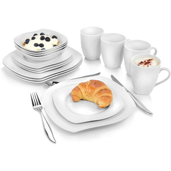 СПІВАЧКА Обідній сервіз Avalon у білому кольорі, набір порцелянового посуду з 18 предметів на 6 осіб, тарілка з вигнутим дизайном (обідній сервіз із 16 предметів)