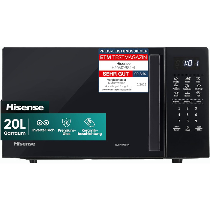 Мікрохвильова піч Hisense H20MOBP1HI / 700 Вт / InverterTech / Керамічне покриття / Преміальне скло / Виготовлена на замовлення, багатофазне приготування / Функція розморожування / 5 рівнів потужності / Блокування від дітей / Чорна (20 л, цифрове керуванн