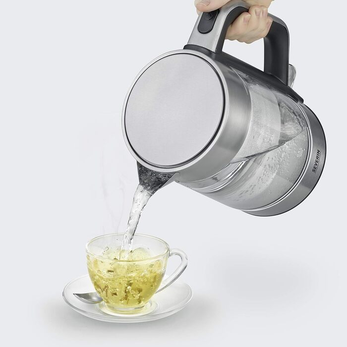 Скляний чайник SEVERIN з об'ємом наповнення 1,7 л XXL, потужний і компактний чайник в якісному дизайні, електрочайник з фільтром від накипу, 2200 Вт, скло з нержавіючої сталі, WK 3420 (комплект з тостером, 1 400 Вт)