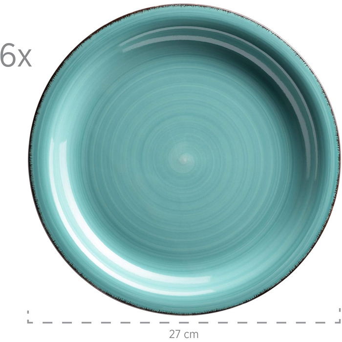 Набір тарілок MSER Bel Tempo II на 6 осіб у сучасному вінтажному стилі, сервіз із 12 предметів, ручний розпис, керамограніт (бірюзовий)