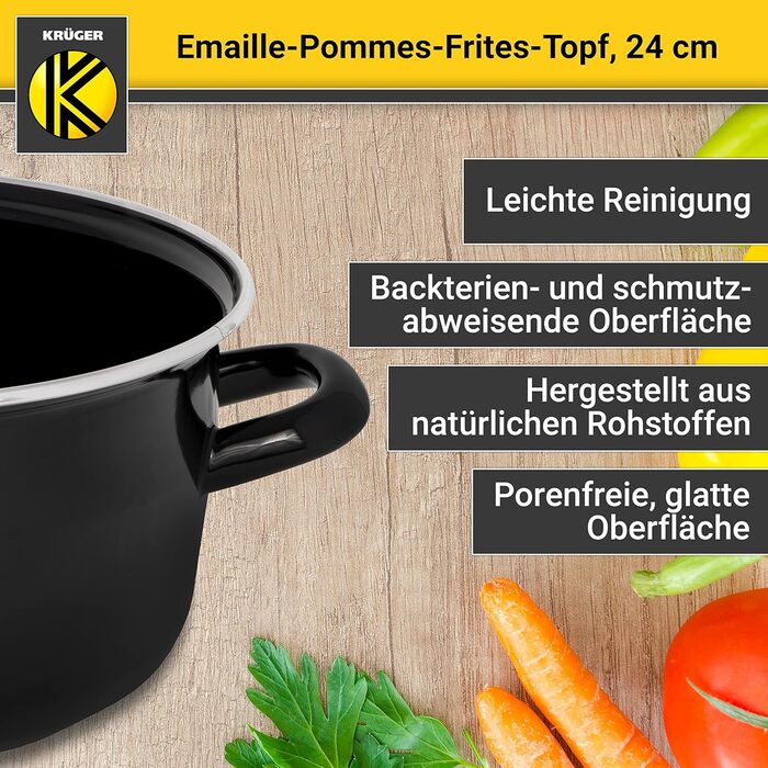 Эмалированная кастрюля 3,5 л для картофеля фри со ставкой-ситом без крышки 24 см, черная Krüger