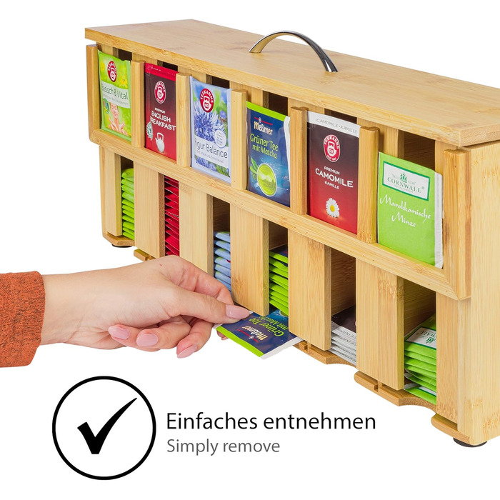 Дерев'яна чайна коробка ONVAYA Чайна коробка з 6 відділеннями Коробка для чайних пакетиків приблизно на 200 Коробка для зберігання чаю Диспенсер для бамбукових чайних пакетиків Органайзер для чайних пакетиків