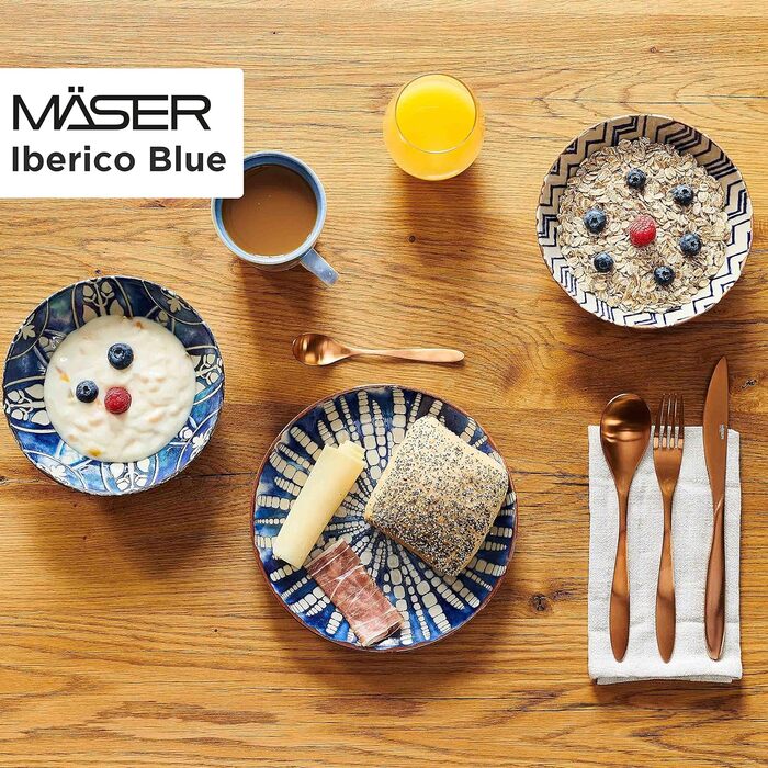 Предметів для 4 осіб у мавританському стилі, набір тарілок з різними вінтажними візерунками в білому та синьому кольорах, керамограніт (набір чаш), 934017 Iberico Blue 12