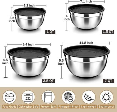 Миски для смешивания с герметичными крышками, набор из 4 шт., Миски для раскладки из нержавеющей стали с подходящими крышками и нескользящим силиконовым дном, Размер 4, 7, 3.5, 1.5, 4 шт. Большие металлические миски для смешивания, черные