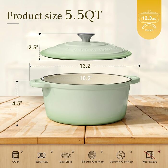 Чавунна форма для запікання Overmont Enamel - 26 см, придатна для використання в духовці, з кришкою та кулінарною книгою - для випікання, тушкування, запікання, білого кремового кольору (26 см-5,2 л, кольору бобів)