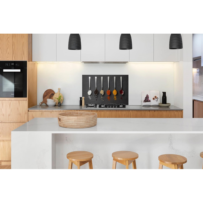 Кухонна панель для фартуха, бризкозахисна панель для кухні, алюмінієва панель, бризкозахисна панель для плити, альтернатива скляній панелі, чорна - з малюнком - суцільна - чорна - темна - (ложка для спецій, 100x65 см)