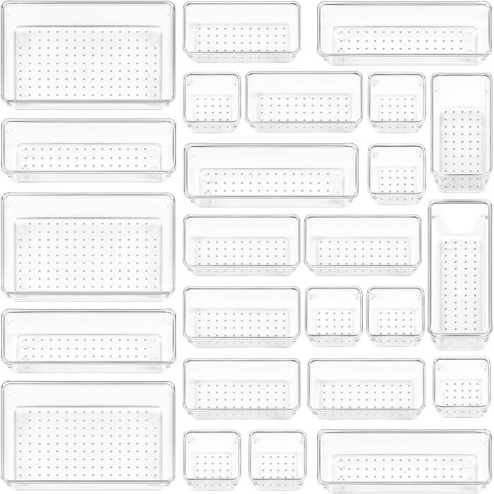 Система организации выдвижных ящиков с 4 размерами, прозрачный пластик, органайзер для туалетного столика Можно использовать для макияжа, кухни, ванной комнаты, офиса, 25 шт.