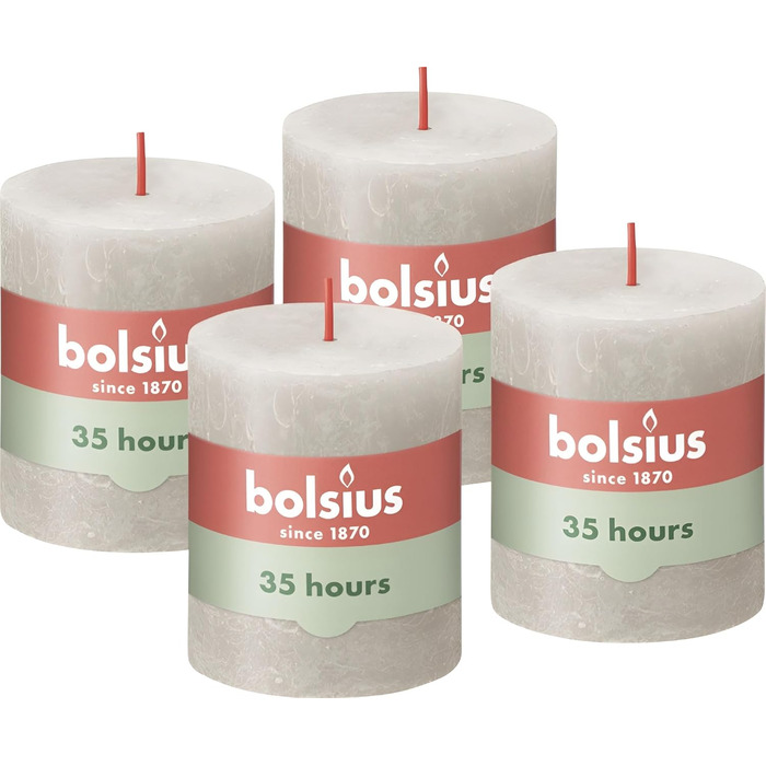 Свічки Bolsius Rustic Pillar - Оливково-зелені - Набір з 4 шт. - Декоративні побутові свічки - Час горіння 60 годин - Без запаху - Натуральний рослинний віск - Без пальмової олії - Оливково-зелені (8 x 7 см, світло-сірі)