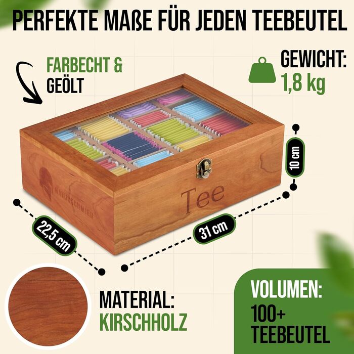 Чайна скринька преміум-класу NATURSCHMIED з вишневого дерева з 20 гнучкими відділеннями та оглядовим віконцем, (22,5x310 см) - посилені петлі міцна застібка - Елегантне сховище для чаю для справжніх любителів чаю, благородне вишневе дерево