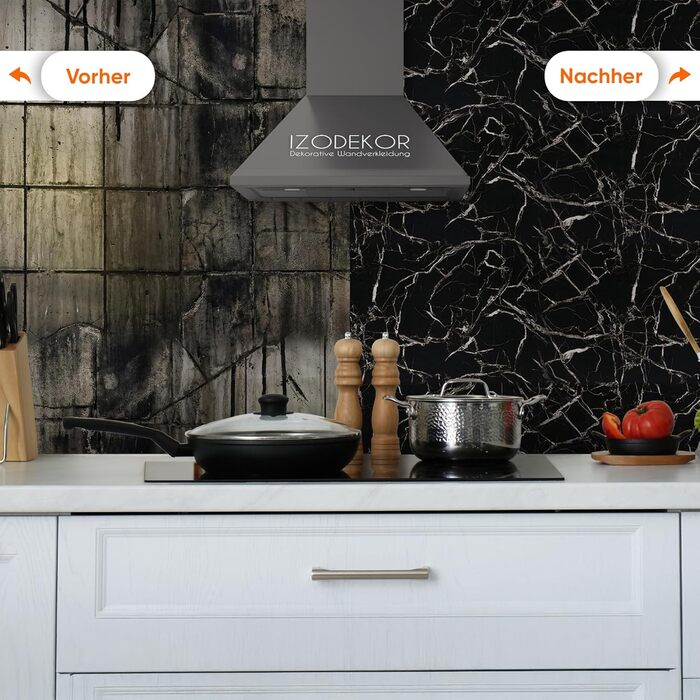Стінові панелі IZODEKOR під мармур 60x120 см Панель для кухонного фартуха ПВХ-облицювання стін для кухні, ванної кімнати Бризкозахисний екран для кухні Водонепроникний та термостійкий (4 панелі 4 монтажних клею, чорно-білий)