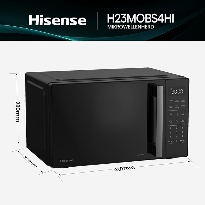 Мікрохвильова піч Hisense H20MOBP1HI / 700 Вт / InverterTech / Керамічне покриття / Преміальне скло / Виготовлена на замовлення, багатофазне приготування / Функція розморожування / 5 рівнів потужності / Блокування від дітей / Чорна (23 л, цифрове керуванн