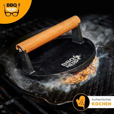 Чавунний прес для м'яса 21 x 11 см з дерев'яною ручкою, квадратний BBQ Nerd