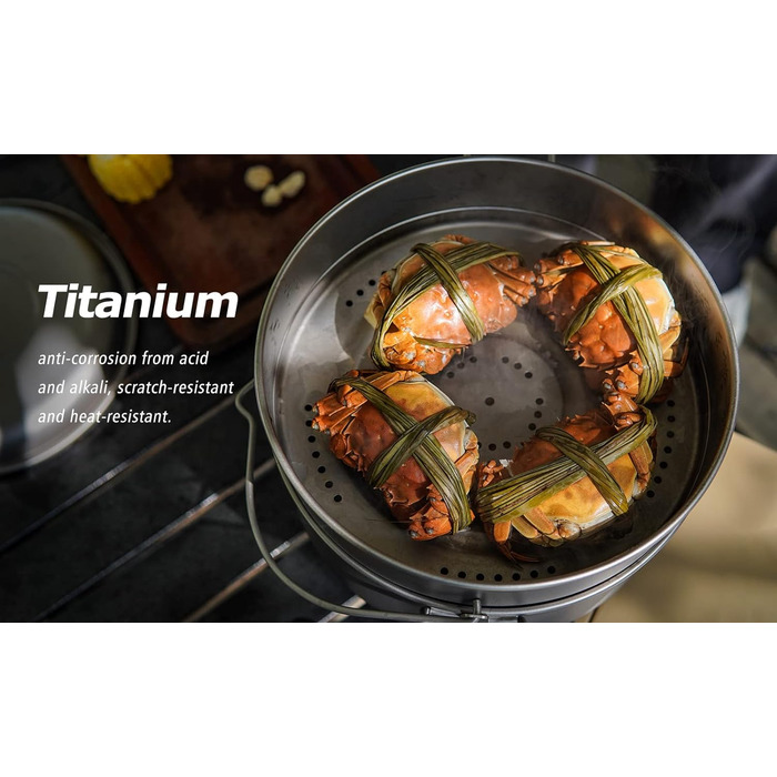 Безмежна подорож Титановий паровий горщик Каструля для приготування супу з кришкою Відкритий кемпінговий посуд Легкий підвісний горщик для овочів, морепродуктів, супів, рагу та пасти (пароварка Ti2113c Titan)