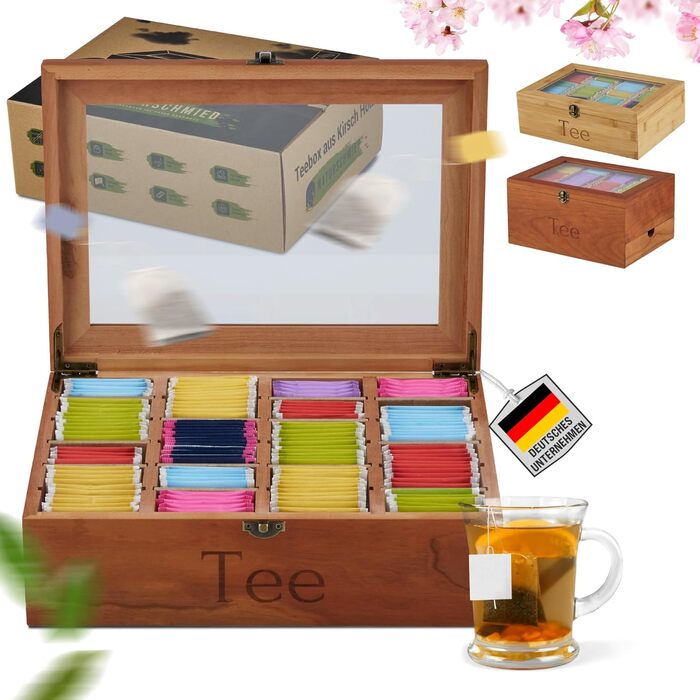 Чайна скринька преміум-класу NATURSCHMIED з вишневого дерева з 20 гнучкими відділеннями та оглядовим віконцем, (22,5x310 см) - посилені петлі міцна застібка - Елегантне сховище для чаю для справжніх любителів чаю, благородне вишневе дерево