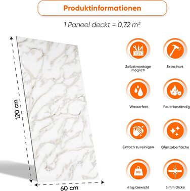 Стінові панелі IZODEKOR під мармур 60x120 см Панель для кухонного фартуха ПВХ-облицювання стін для кухні, ванної кімнати Бризкозахисний екран для кухні Водонепроникний та термостійкий ( панель, Calacada)