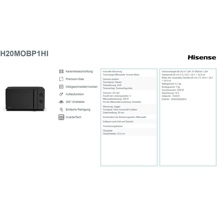 Мікрохвильова піч Hisense H20MOBP1HI / 20 л / 700 Вт / InverterTech / Керамічне покриття / Преміальне скло / Виготовлено на замовлення, багатофазне приготування / Функція розморожування / 5 рівнів потужності / Блокування від дітей / Чорна 20 л Аналогове к