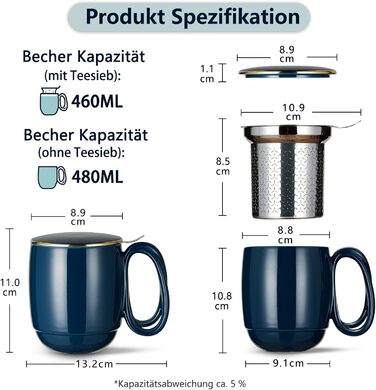 Чашка для чаю з кришкою та ситечком, велика порцелянова кружка для розсипного чаю з крученою ручкою 480 мл, чорні гладенькі чашки для чаю з золотою обробкою та кришкою для замочування чаю (2 темно-сині)