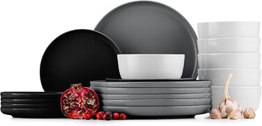Консімо. Набір посуду Combi 6 персон Набір тарілок VICTO Modern 24 предмети Столовий сервіз - Сервіз та набори посуду - Комбінований сервіз 6 осіб - Сервіз для сім'ї - Посуд Столовий посуд (18 предметів (супові миски), чорний / сірий / білий)