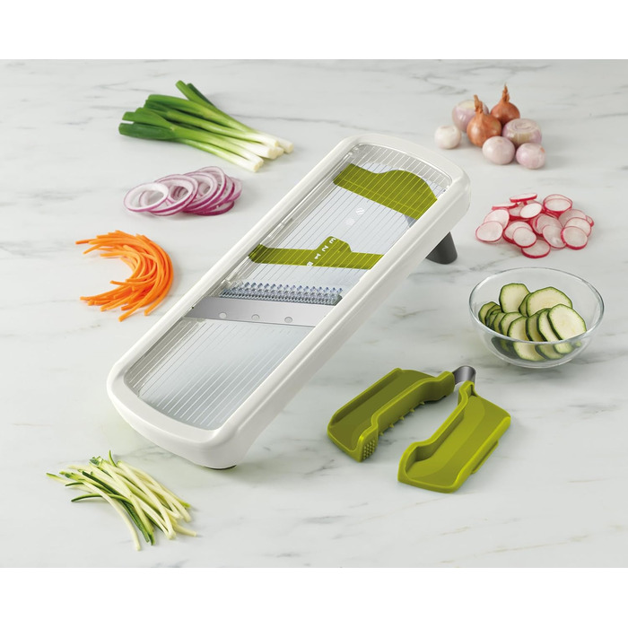 Кухонна мандоліна Joseph Joseph Multi-Grip, регульована овочерізка та нарізка цибулі, товщина 3 скибочки, з точною ручкою, зелена (плюс)