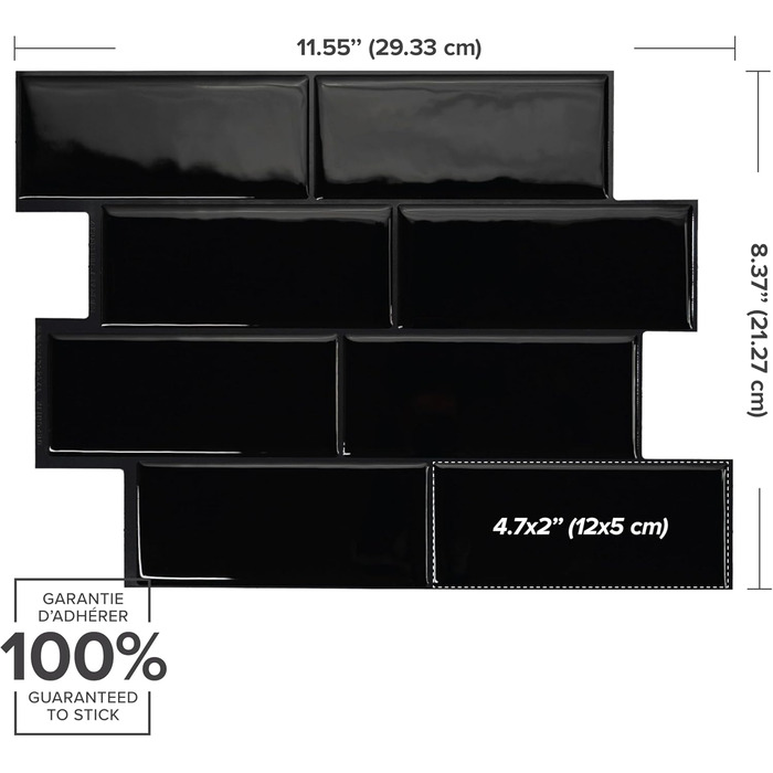 Наклейки для плитки, що самоклеяться - упаковка з 5 аркушів 29,36 см x 21,29 см - 3D самоклеючі ПВХ наклейки для плитки та фартуха для кухні, ванної кімнати та стін, кольорова та водонепроникна плитка (Nero Schwarz)