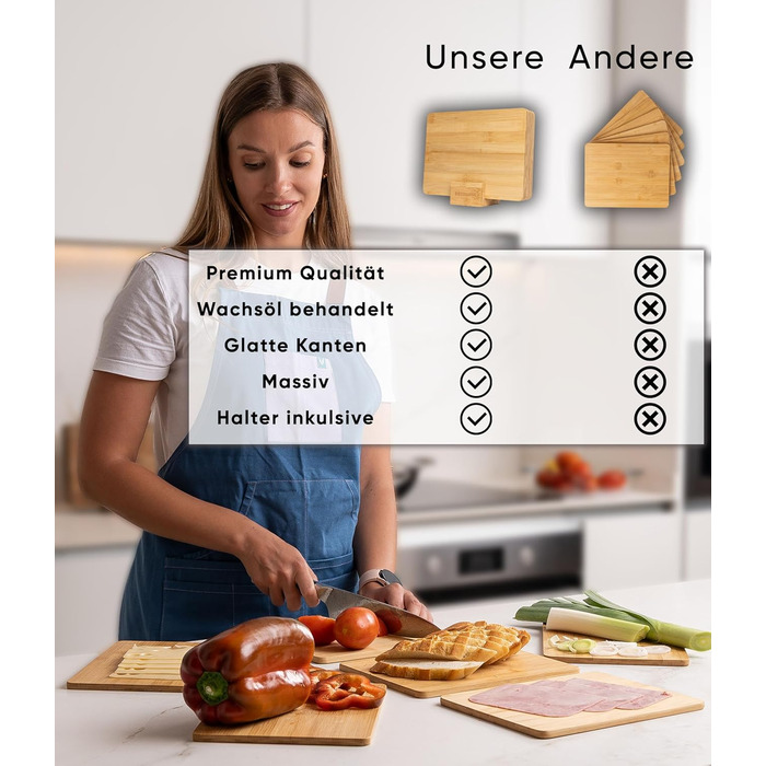 Набір дерев'яних обробних дощок Deco haus з міцної акації 2 см завтовшки - дошки з жолобком для соку - кухонні дерев'яні дошки 40x30, 33x24, 26x18 см - набір дерев'яних дощок (6 шт., бамбук)