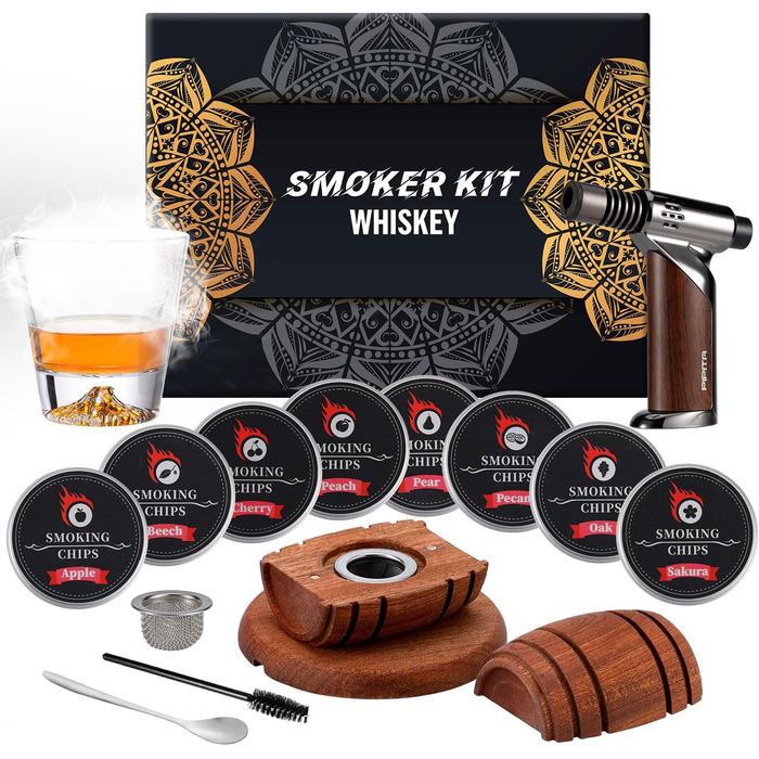 Набор для копчения коктейлей с факелом из 8 вкусов древесных чипсов PIPITA