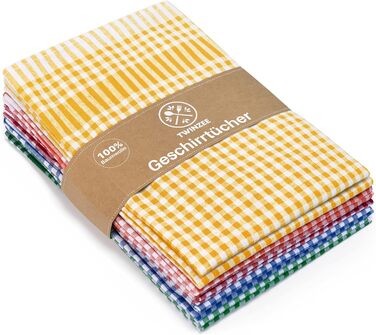 Набір кухонних рушників Twinzee з картатою бавовною 0 Oeko-TEX - 67 x 47 см - Кухонні рушники в ретро-шикарному стилі - Рушники для посуду та чаю - 2 синіх, 2 червоних, 2 зелених, 2 жовтих рушники (різнокольорові, 5)