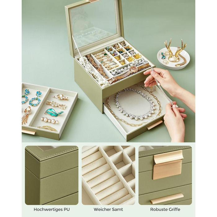 Скринька органайзер для ювелірних виробів 3-рівнева авокадо-зелений SONGMICS