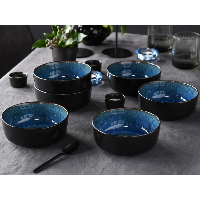 Серія Nordic Fjord набір посуду з 18 предметів, набір тарілок з кераміки (набір зернових мисок 6 шт. , синій), 21551