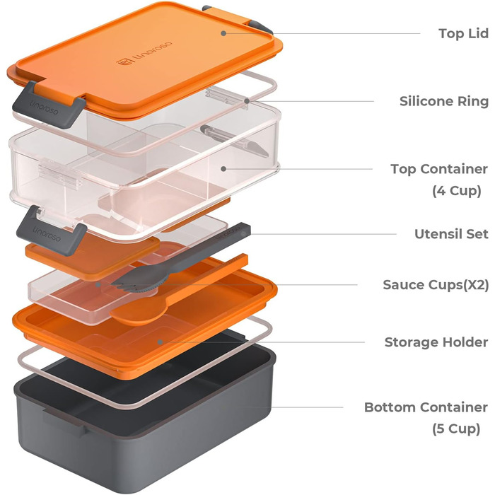 Ланчбокс Linoroso Ланч-бокс для дорослих з 3 відділеннями Bento Box з контейнером для соусу та посудом Ланч-бокс для мікрохвильової печі та посудомийної машини Пластик без бісфенолу А Як коробка для сніданку Коробка для салату - (Помаранчевий)