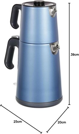 Електричний турецький чайник, 2200 Вт, чайник 3,5 л, скляний чайник 1,2 л, нержавіюча сталь, інтелектуальний контроль температури, захист від кипіння (39 см x 25 см x 20 см, колір Ocean Blue)