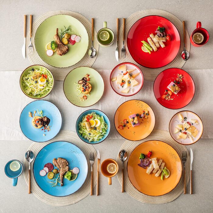 Комбінований сервіз vancasso, набір посуду Navia з кераміки, столовий сервіз 32 предмети, вінтажний зовнішній вигляд, дизайн природи (сервіз для 4 (16 шт. ), Auqa синій, помаранчевий, червоний, трав'яний зелений)