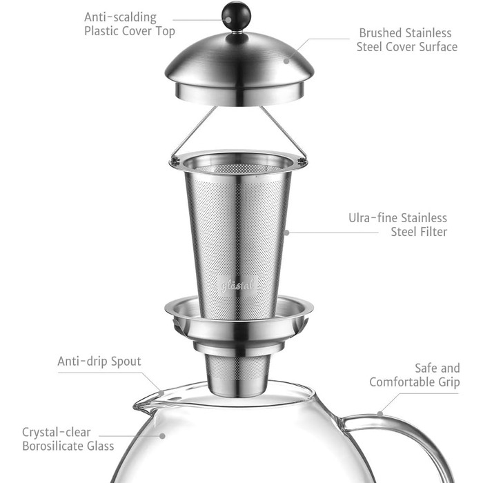 Серебряный чайник из гласстального стекла 1500 мл с ситечком для чая из нержавеющей стали 18/8 Чайник из боросиликатного стекла Стеклянный чайник, подходящий для подогревателя чая (2000 мл, серебряный чайник типа 3)