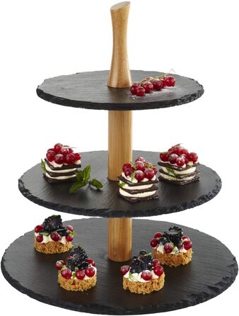 Ярусна підставка для торта, шиферні верхівки, Ø 30 см, Ø 25 см, Ø 20 см, В34 см, деревина акації Підставка для торта 3 ступені - кругла, 3-