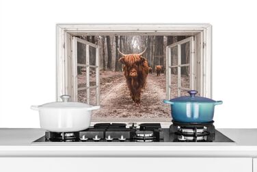 Панель кухонного фартуха, бризкозахисна панель, декор для кухні, алюмінієва панель, бризкозахисна панель для плити, альтернатива скляній панелі, чорна - з малюнком - суцільна - чорна - темна - (вид з вікна на шотландську високогірну худобу, 60x40 см)