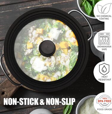 Силіконова універсальна кришка Anaeat для каструль, сковорідок та пателень загартоване скло з термостійким силіконовим обідком, підходить для посуду діаметром змінна кришка (2 чорні ручки)