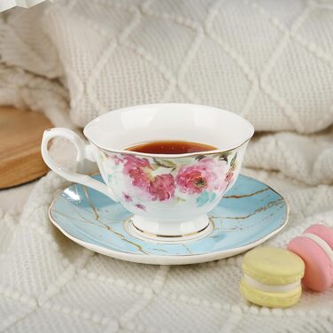 Чайні чашки з блюдцями fanquare з квітковим візерунком, набір з 6 шт. , різноманітні пастельні квіткові порцелянові кавові чашки з золотим обідком, придатні для миття в посудомийній машині та заморожування (рожеві та зелені)