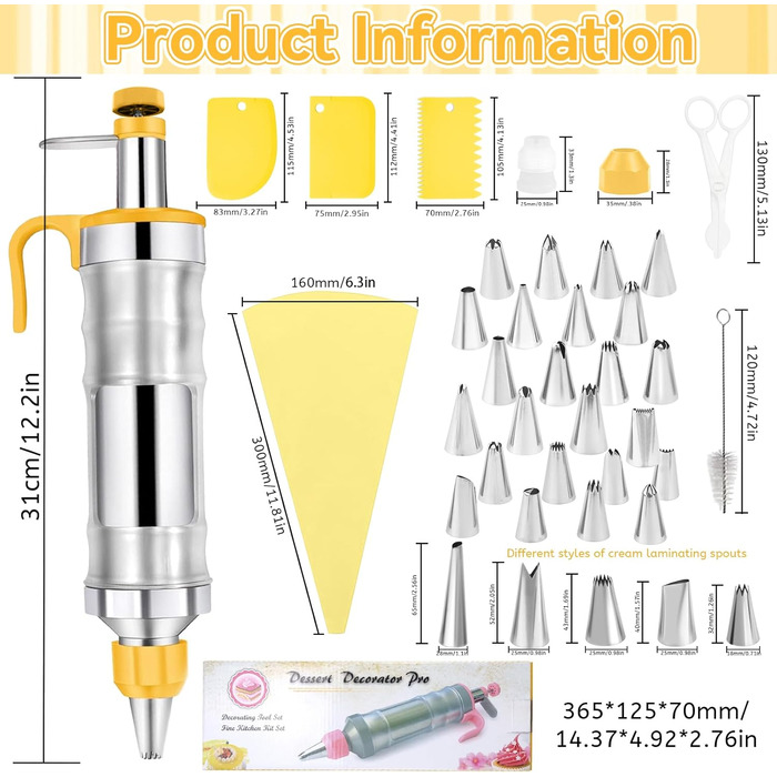Прикраса шприц з нержавіючої сталі трубопровід насадка набір торт шприц прикраса шприц торт прикраса торт набір 42 шт. и професійна нержавіюча сталь для торт кексів печива тістечка прикраса (жовтий)