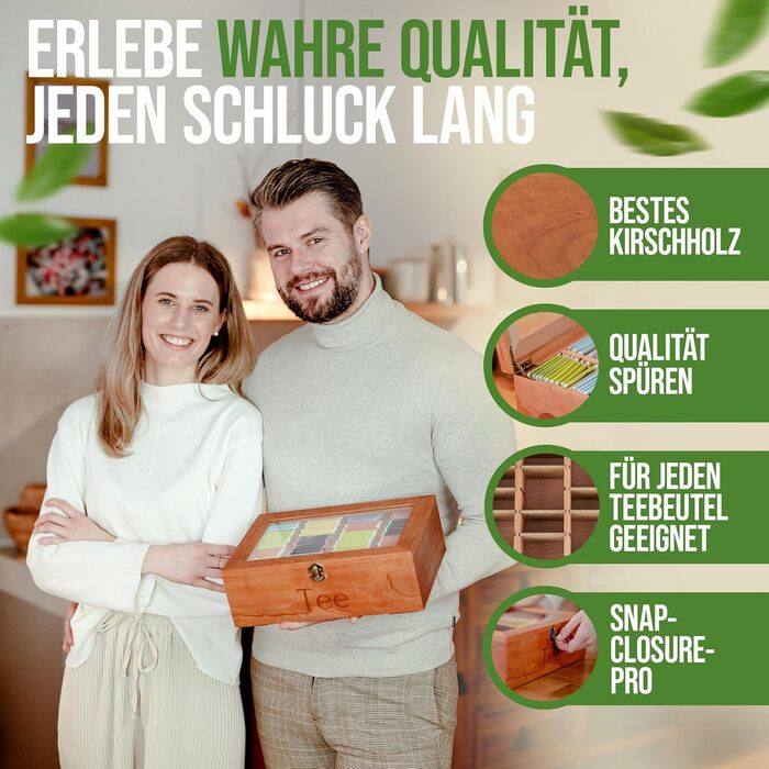 Чайна скринька преміум-класу NATURSCHMIED з вишневого дерева з 20 гнучкими відділеннями та оглядовим віконцем, (22,5x310 см) - посилені петлі міцна застібка - Елегантне сховище для чаю для справжніх любителів чаю, благородне вишневе дерево