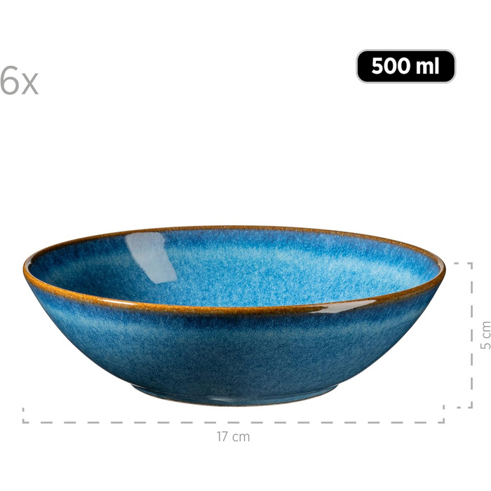 Набір мисок із 7 предметів з кераміки, 1 велика миска та 6 мисок для салату, мюслі, супу або пасти, з вінтажною глазур'ю синього кольору, керамограніт, королівський синій, 931947 Series Ossia