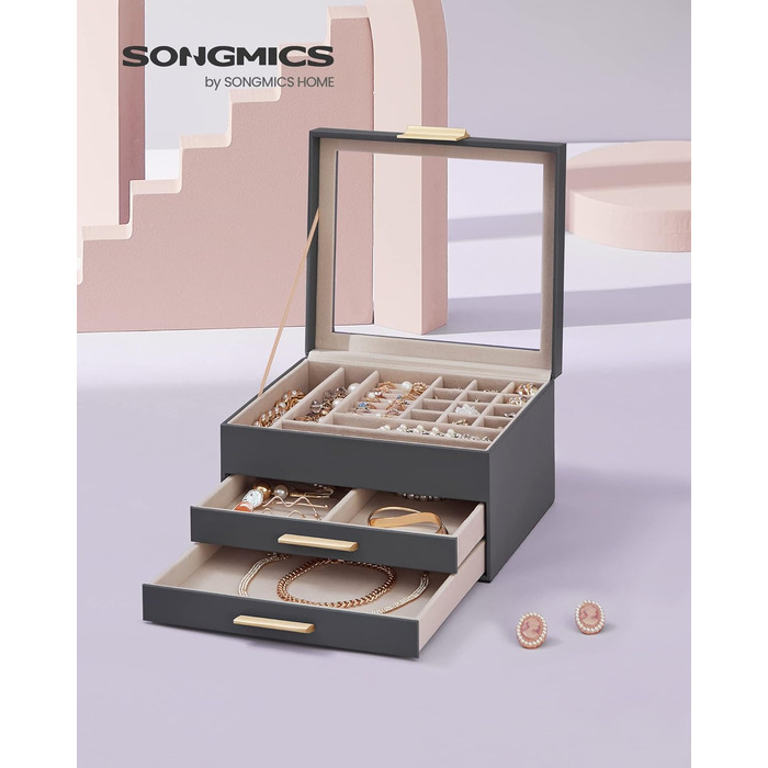 Шкатулка органайзер для ювелирных изделий 3-уровневая темно-серый SONGMICS