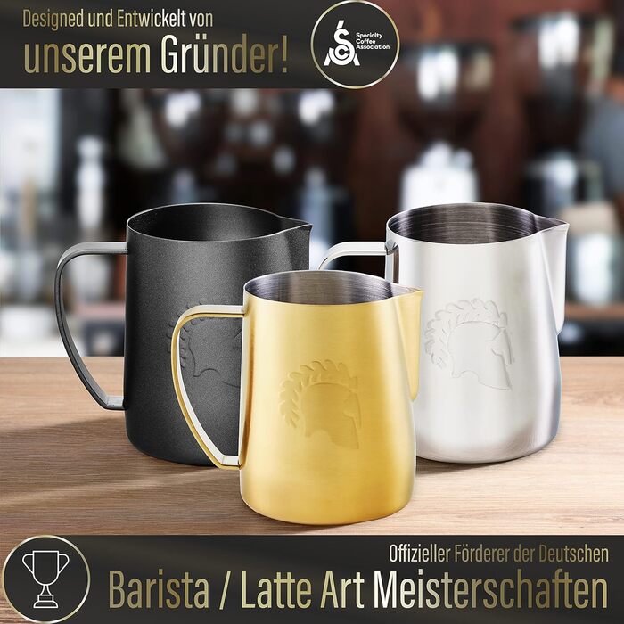Глечик для молока Barista Legends з нержавіючої сталі 350 мл зі спеціальним носиком для лате-арту - Глечик для спінювання молока з високим глянцевим покриттям - Глечик для молока Barista з нержавіючої сталі - Аксесуари Barista (Ares Gold)