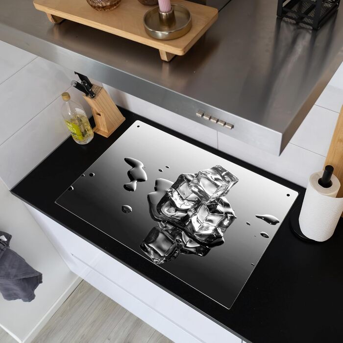 Фартух для плити, кухонний фартух, вініл, 78x52 см, декор для кухні, облицювання стіни, кришка для плити - сіро-чорна (Лід - Вода, 51Д x 77Ш см)