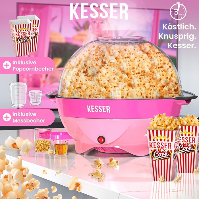 Велика машина для попкорну KESSER 800 Вт Машина для попкорну об&39ємом 5,5 л з кришкою з антипригарним покриттям та сервірувальною мискою для олії, вершкового масла, цукру, тиха та швидка, в комплекті мірна чашка та чашка для попкорну, знімна нагрівальна