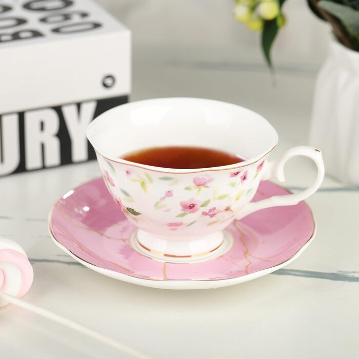 Чайні чашки з блюдцями fanquare з квітковим візерунком, набір з 6 шт. , різноманітні пастельні квіткові порцелянові кавові чашки з золотим обідком, придатні для миття в посудомийній машині та заморожування (рожеві та зелені)