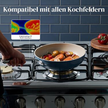 Сковороди Redchef з кришками, керамічне антипригарне покриття, алюмінієві сковороди для всіх типів варильних поверхонь, без PTFE, без PFAS, без PFOA, придатні для індукції, можна використовувати в духовці, можна мити в посудомийній машині (20 24 28 см, си