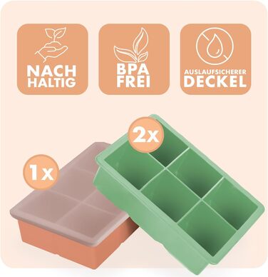 Силіконові формочки для льоду Blumtal, набір з 3 шт. - форма для льоду на 24 кубики з кришкою - силіконова форма для льоду без бісфенолу А - форма для льоду, безпечна для харчових продуктів - сіро-блакитний великі кубики (оливково-зелений червоний, XXL ку