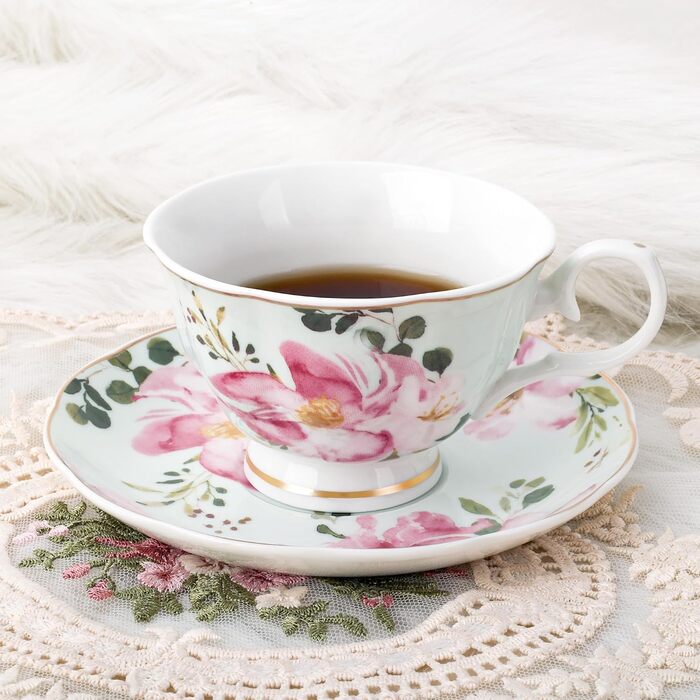 Чайні чашки з блюдцями Fanquare з квітковим візерунком, набір з 6 шт. , різноманітні порцелянові кавові чашки з пастельними квітковими принтами та золотим обідком, придатні для миття в посудомийній машині та заморожування, рожеві та блакитні