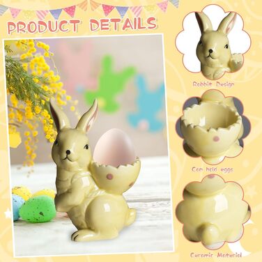 Набір із 2 порцелянових стаканчиків для яєць на Великдень, керамічні стаканчики для яєць у формі кролика, кумедні тарілки у формі пасхальних яєць у формі зайчика, можна мити в посудомийній машині, підставка для варених яєць, великодні подарунки (C жовтий)