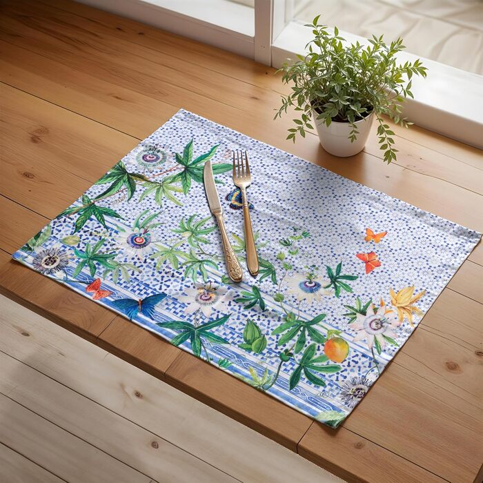 Бавовняні килимки для серветок, набір з 4 шт. , декоративні килимки для серветок, пасхальні килимки, що миються, для свят, вечерь, весни, літа (33 см x 48 см) (038 - Пасифлора), 39Hermine 100